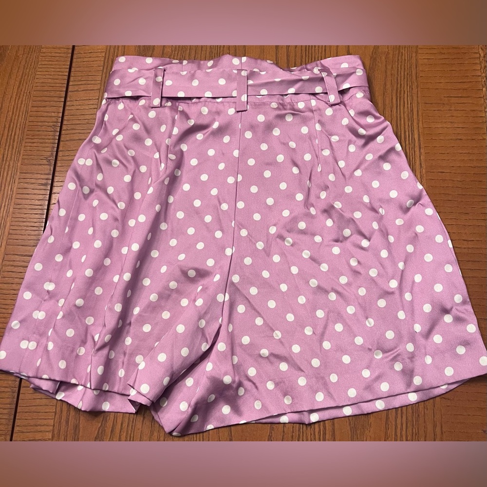 ZARA Lilac & White Polka Dot High Waisted Flowy Satin Belted Paperbag Shorts XS - Picture 12 of 16
